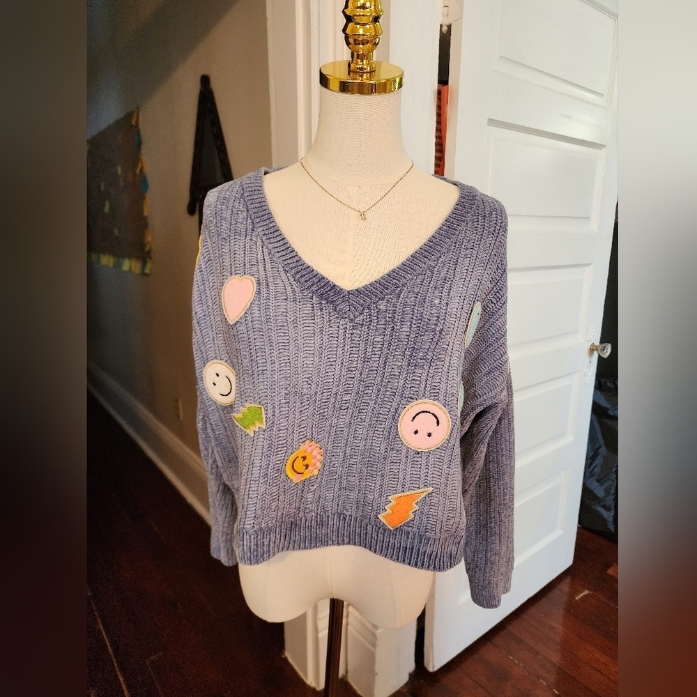 Forever 21 Blue Patchwork Oversized Sweater Size Small Cottagecore